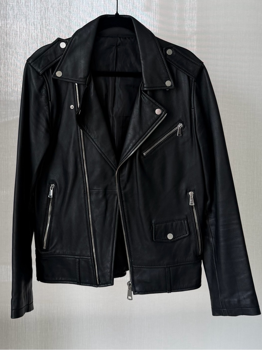 Zara Men’s Black Leather Biker Jacket with Silver Hardware
